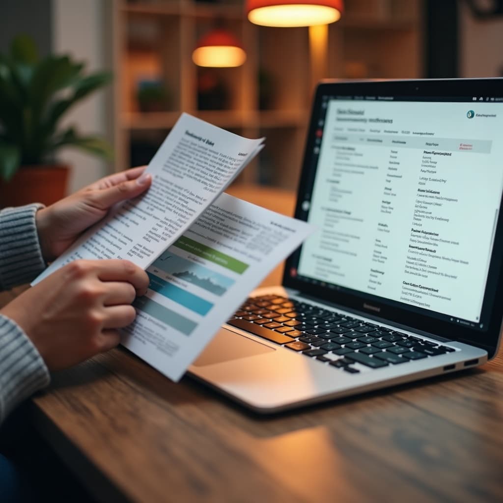 Hands flipping through program brochures next to a laptop