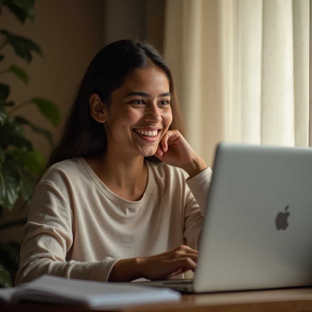 Smiling student at a desk celebrating an acceptance letter