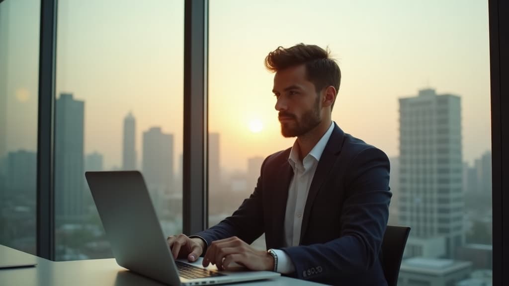 Professional in a glass-walled office with city skyline