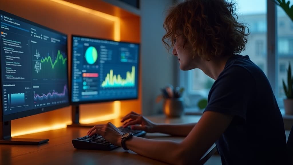 Person at a desk with dual monitors showing data dashboards