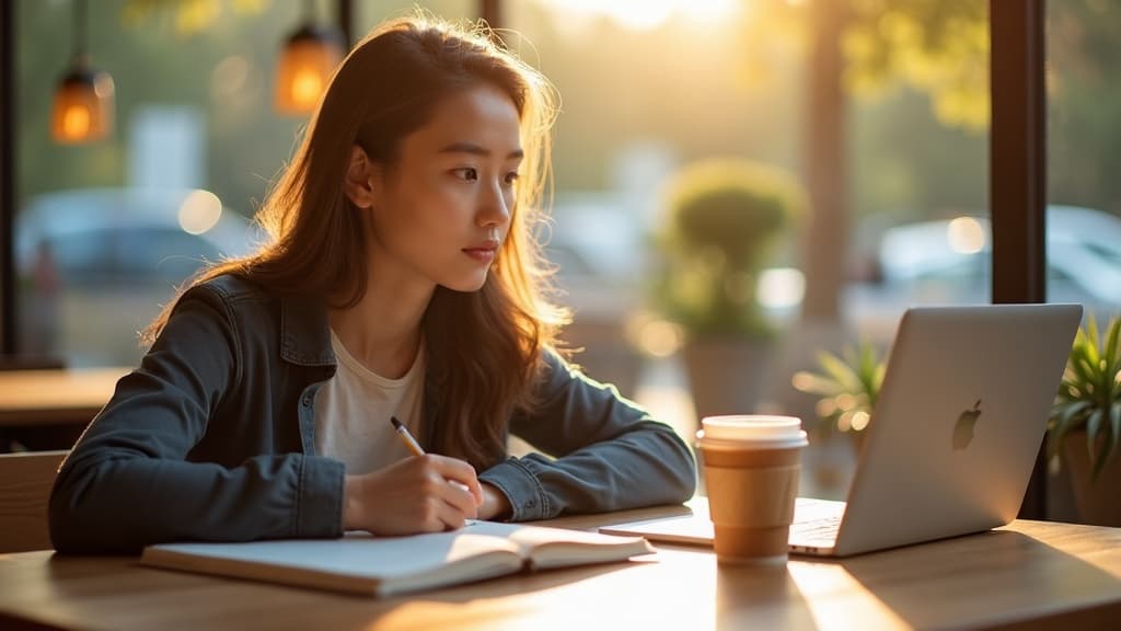 Young undergraduate student studying with a laptop in a cafe