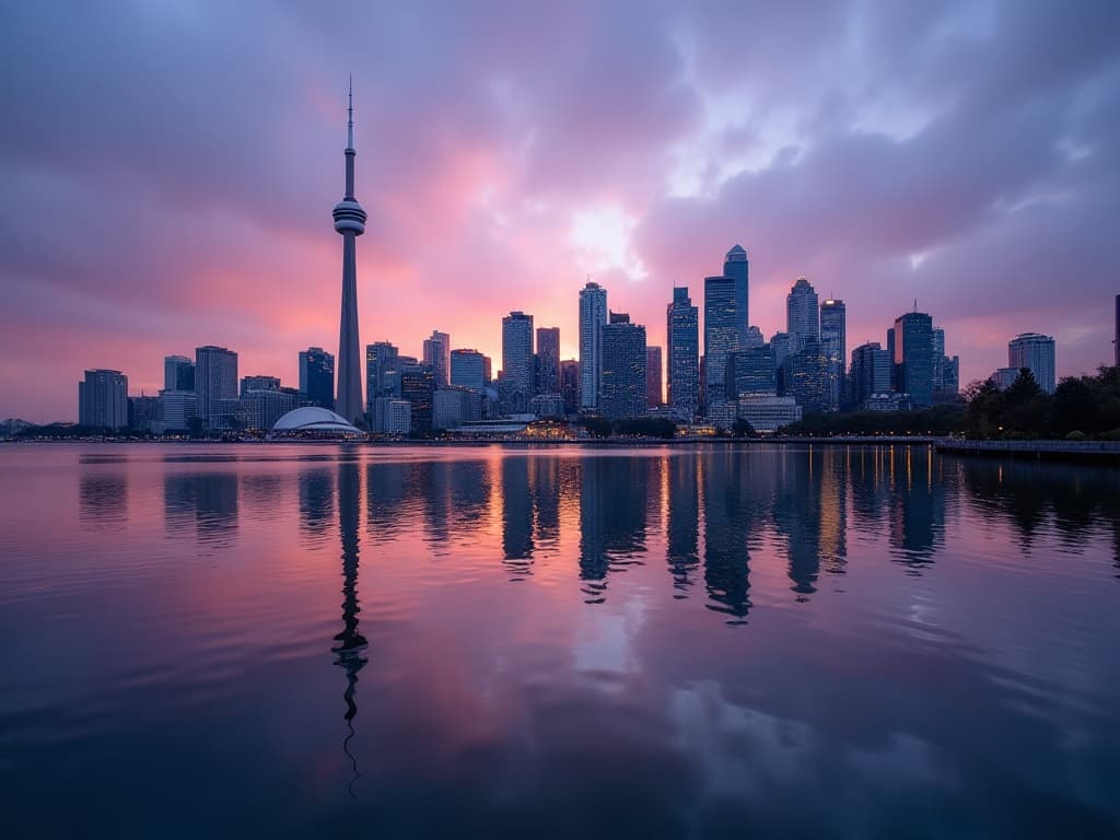 Toronto skyline reflected in lake water at dusk