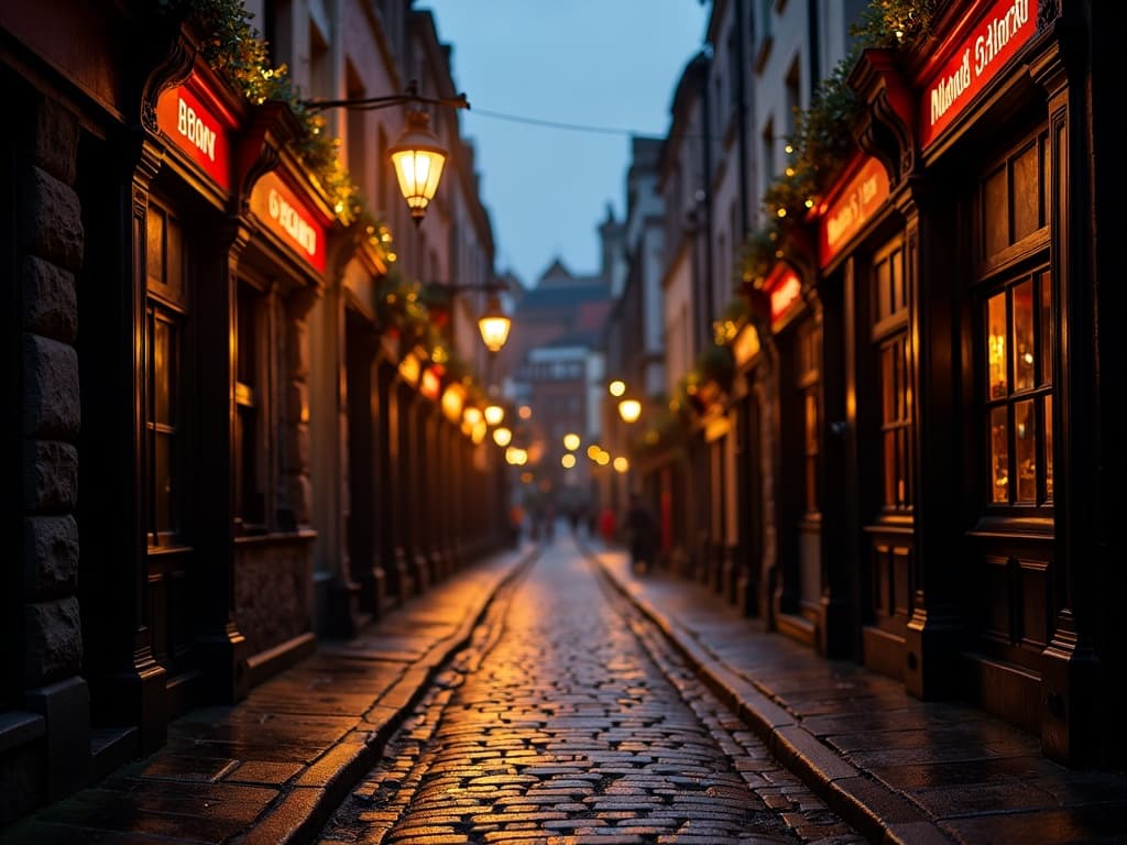 Cobblestone Dublin street at dusk