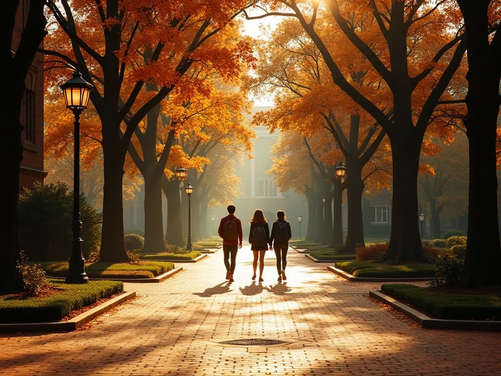 Red brick university campus walkway in autumn