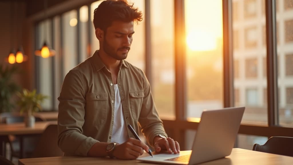 Professional reviewing notes in a modern coworking space