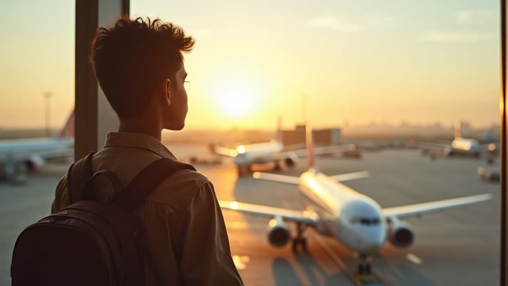Student at an airport gate with a passport